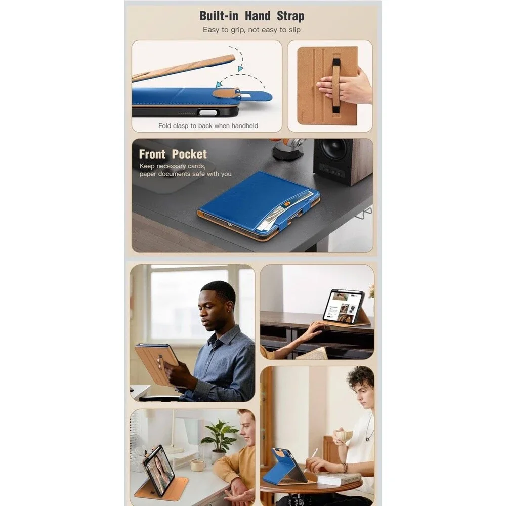 MoKo Case for iPad (A16) 11th iPad 11/10th Gen Blue Leather Pencil Holder Pocket